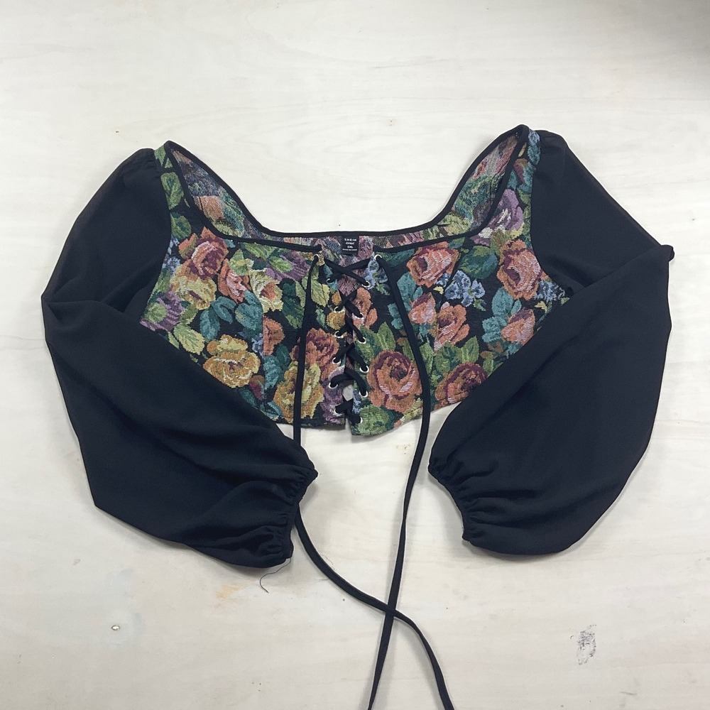 Shein Curve Floral Tapestry Corset Top Black Lace Up Puff Sleeve 1XL Cottagecore